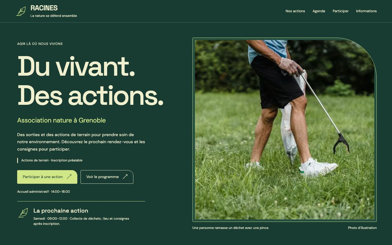 Démonstration fictive RACINES : site d’association sur ordinateur