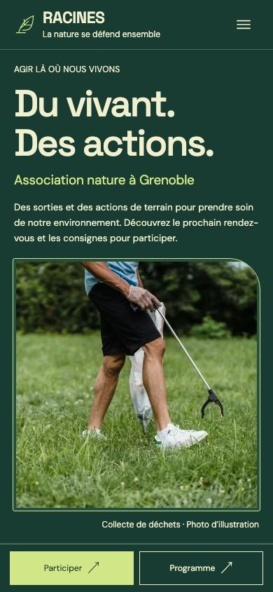 Démonstration fictive RACINES sur téléphone : mission, agenda et participation