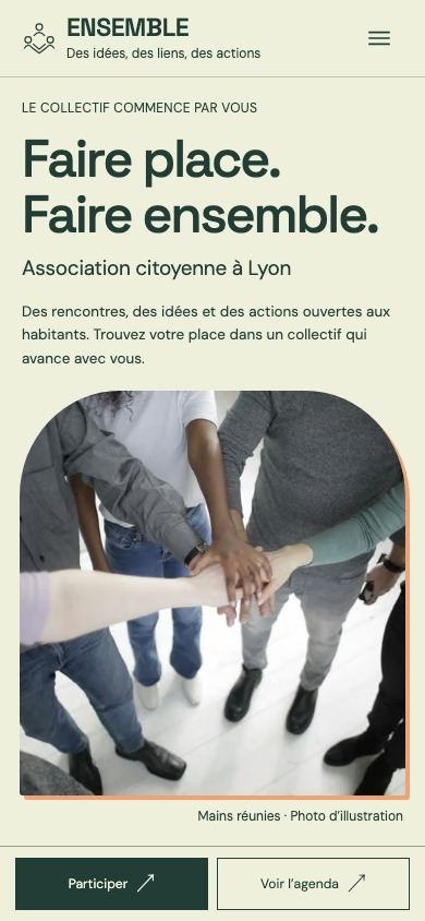 Démonstration fictive ENSEMBLE sur téléphone : mission, agenda et participation