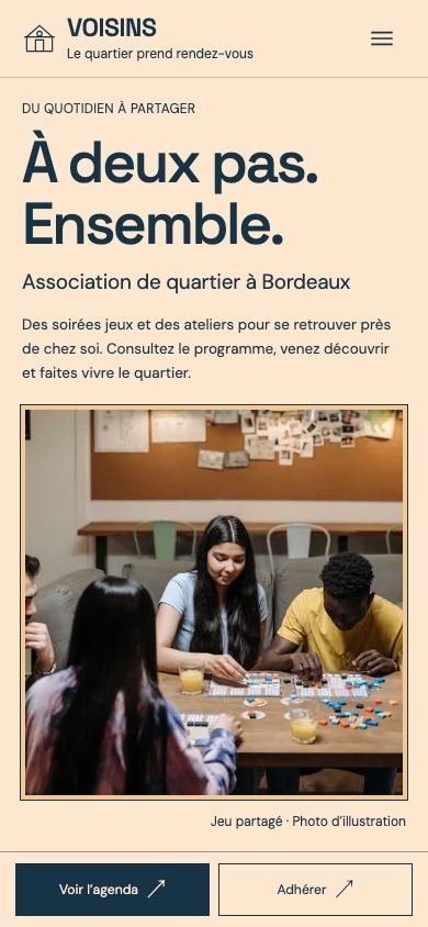 Démonstration fictive VOISINS sur téléphone : mission, agenda et participation