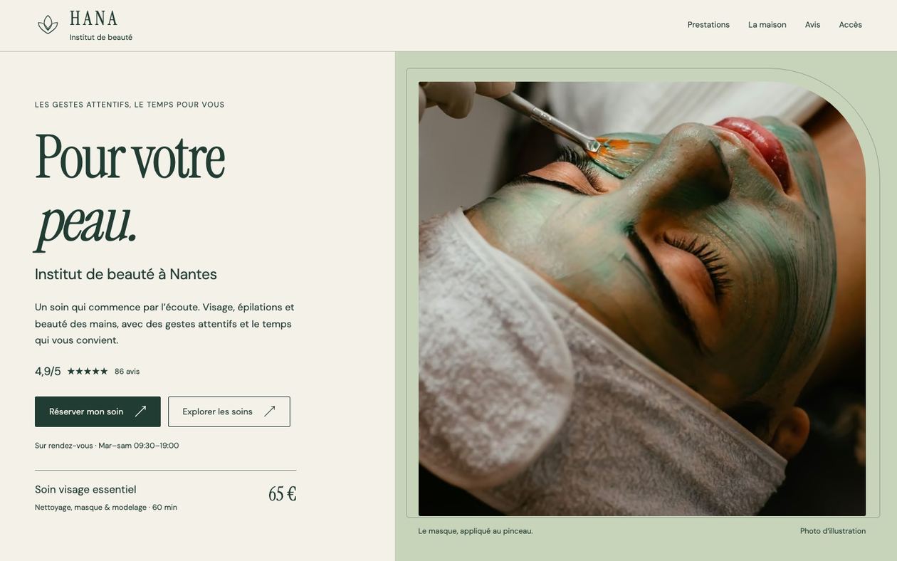 Démonstration fictive HANA : site de beauté et esthétique sur ordinateur