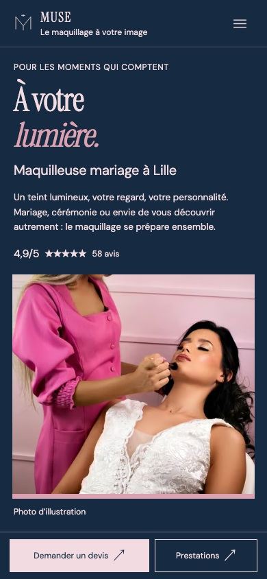 Démonstration fictive MUSE sur téléphone : prestations et prise de rendez-vous