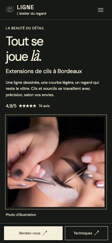 Démonstration fictive LIGNE sur téléphone : prestations et prise de rendez-vous