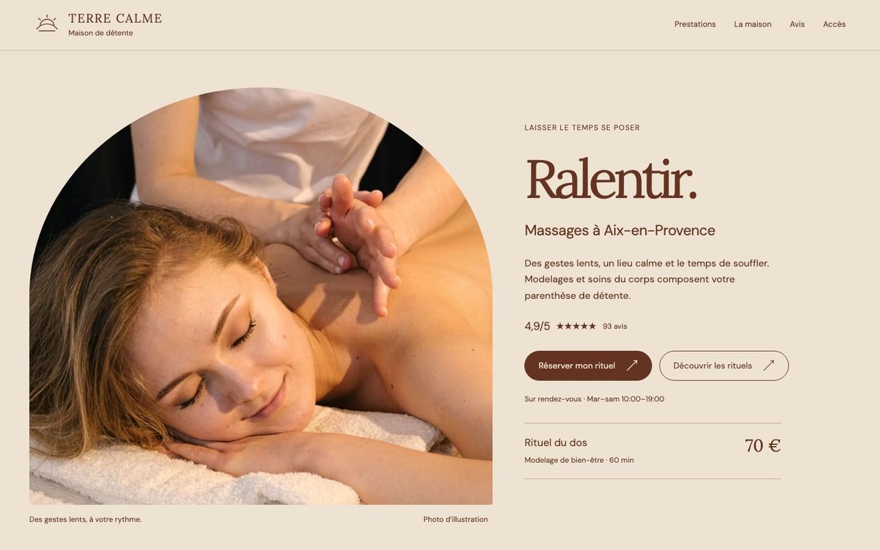 Démonstration fictive TERRE CALME : site de beauté et esthétique sur ordinateur