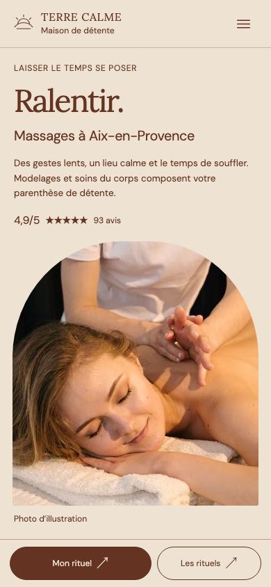 Démonstration fictive TERRE CALME sur téléphone : prestations et prise de rendez-vous