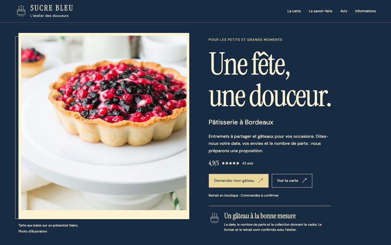 Démonstration fictive SUCRE BLEU : site de boulangerie ou pâtisserie sur ordinateur