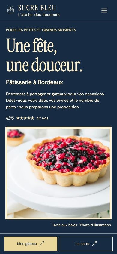 Démonstration fictive SUCRE BLEU sur téléphone : produits, horaires et accès