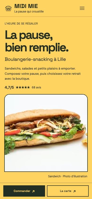 Démonstration fictive MIDI MIE sur téléphone : produits, horaires et accès