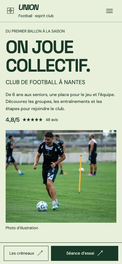 Démonstration fictive UNION sur téléphone : activités, créneaux et demande d’essai