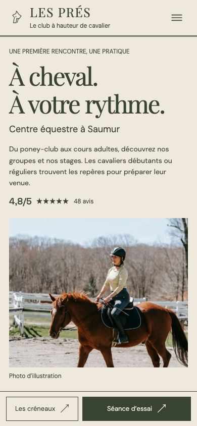 Démonstration fictive LES PRÉS sur téléphone : activités, créneaux et demande d’essai