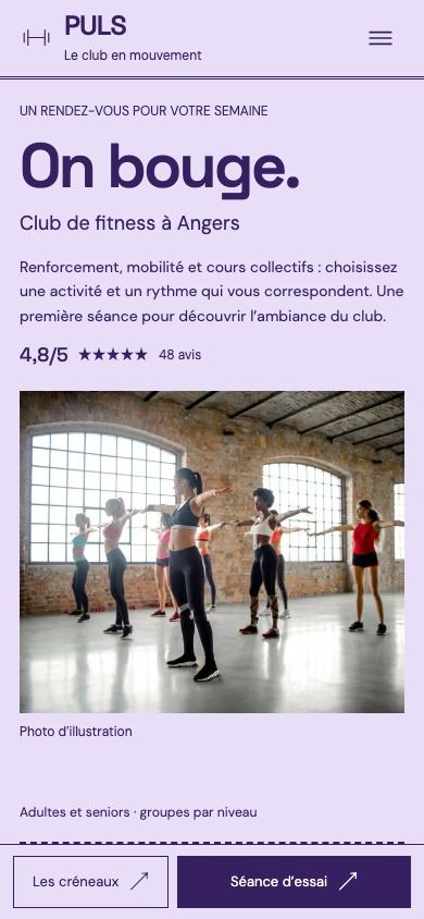 Démonstration fictive PULS sur téléphone : activités, créneaux et demande d’essai