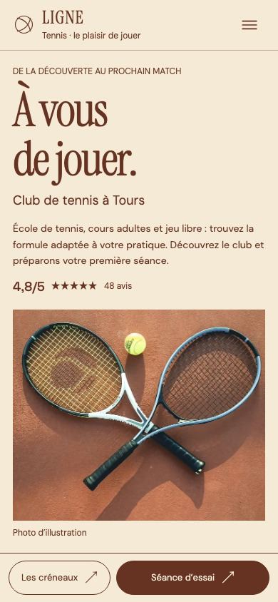 Démonstration fictive LIGNE sur téléphone : activités, créneaux et demande d’essai