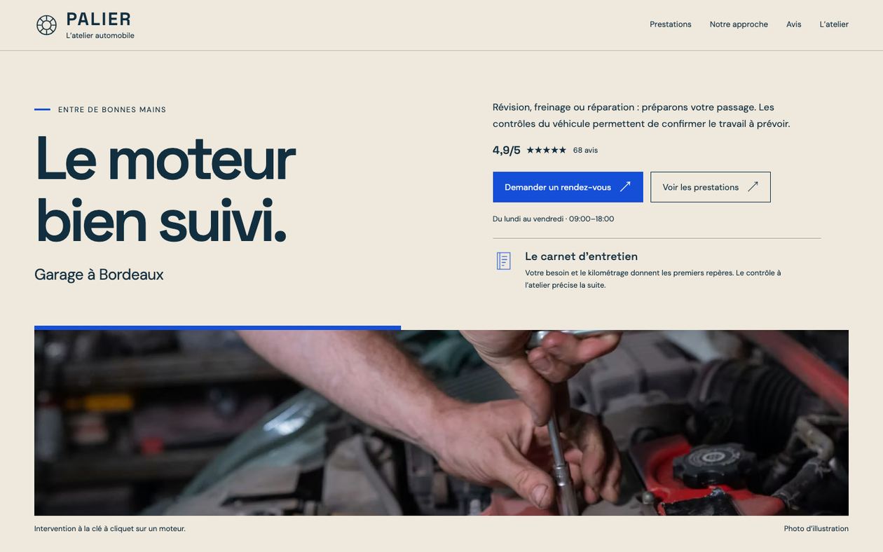 Démonstration fictive PALIER : site de garage automobile sur ordinateur