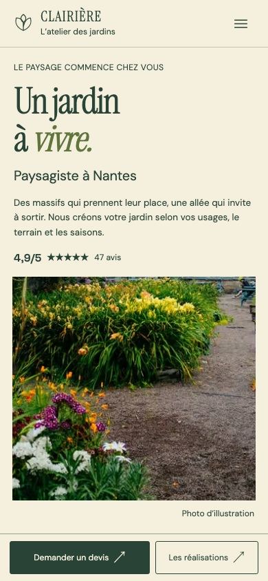 Démonstration fictive CLAIRIÈRE sur téléphone : prestations, réalisations et demande de devis