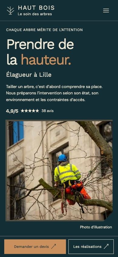 Démonstration fictive HAUT BOIS sur téléphone : prestations, réalisations et demande de devis