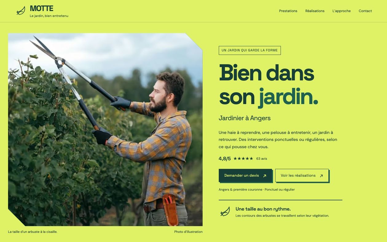 Démonstration fictive MOTTE : site de paysagiste sur ordinateur