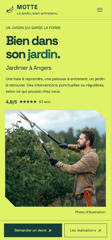 Démonstration fictive MOTTE sur téléphone : prestations, réalisations et demande de devis