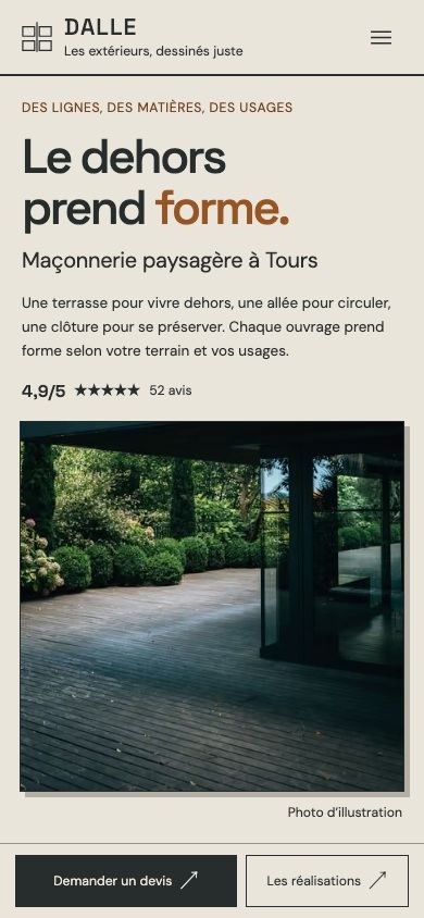 Démonstration fictive DALLE sur téléphone : prestations, réalisations et demande de devis