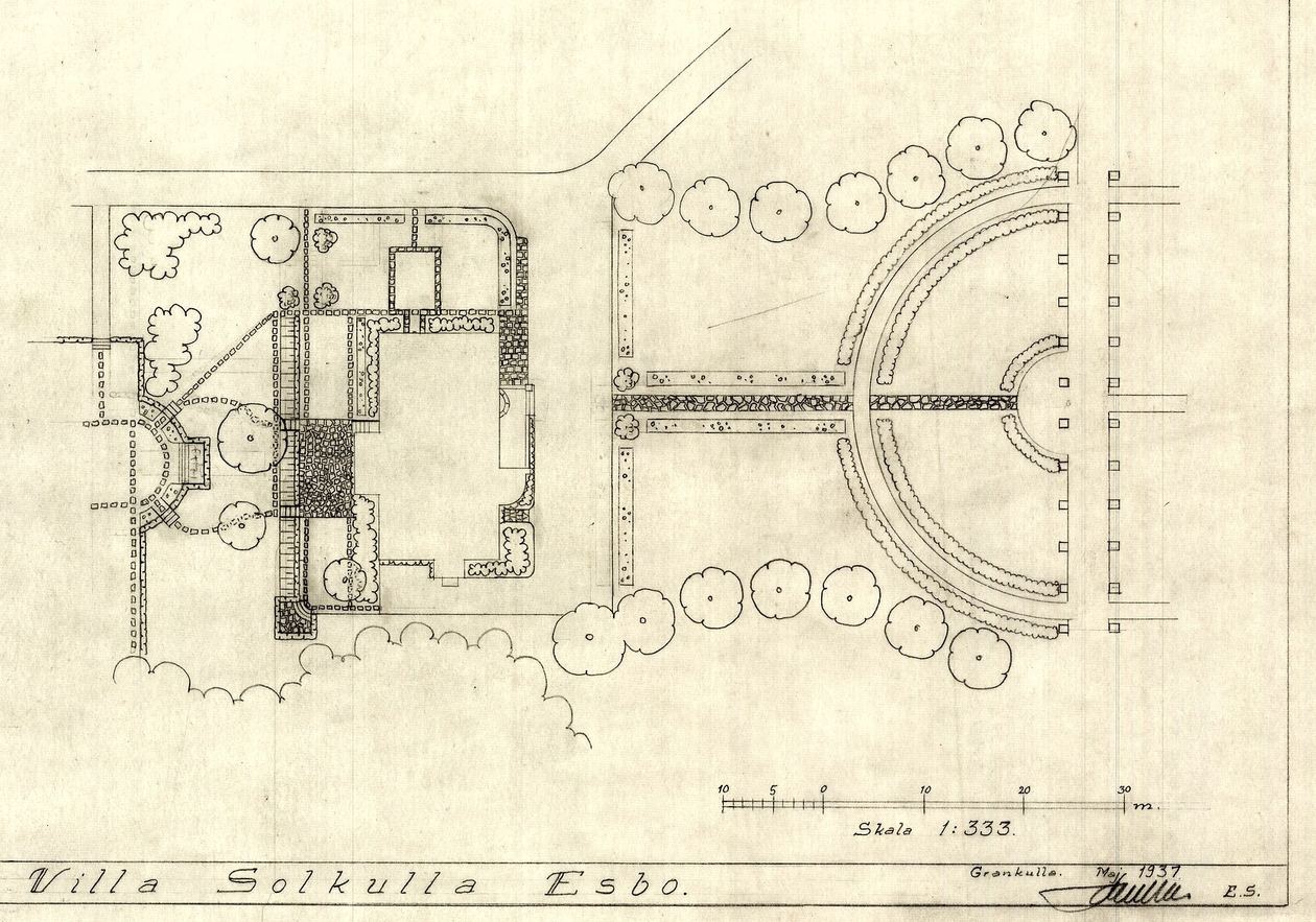 Plan du jardin de Villa Solkulla : maison, allées, arbres et parterres vus du dessus.