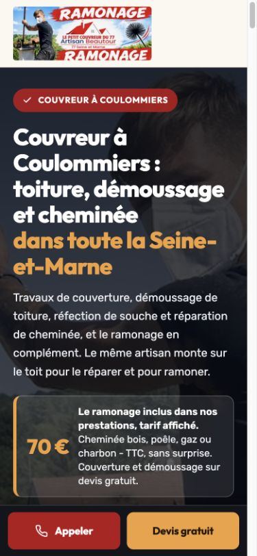 Accueil mobile du Petit Couvreur du 77, avec les boutons Appeler et Devis gratuit