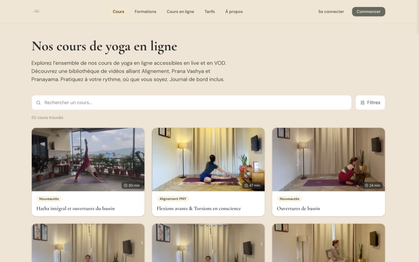 Catalogue vidéo Prana Motion, avec recherche, filtres et cartes des cours