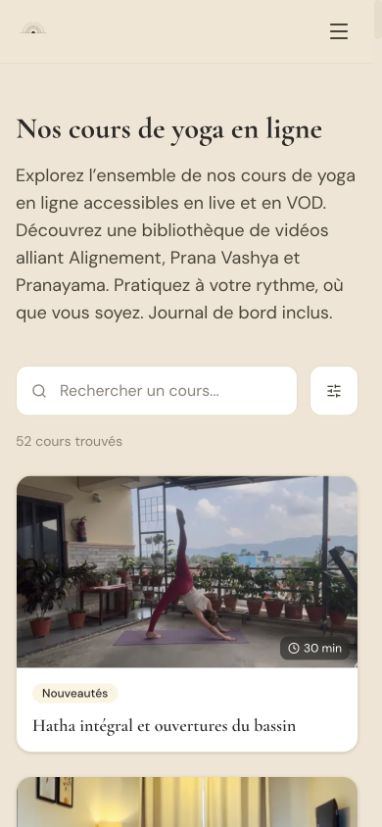 Bibliothèque de cours Prana Motion sur téléphone, avec recherche et cartes vidéo