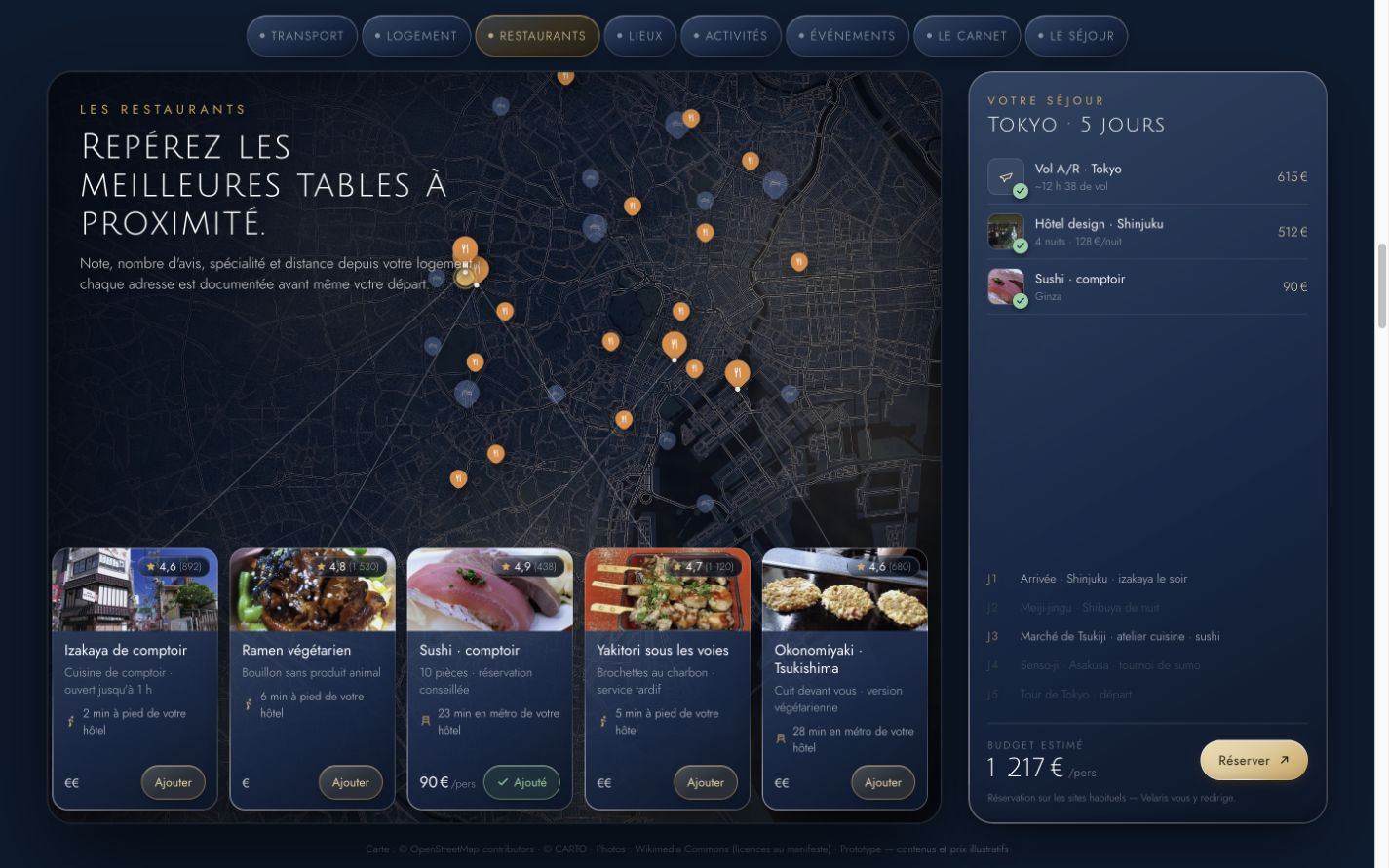 Scène du prototype Velaris, carte des restaurants et aperçu du séjour
