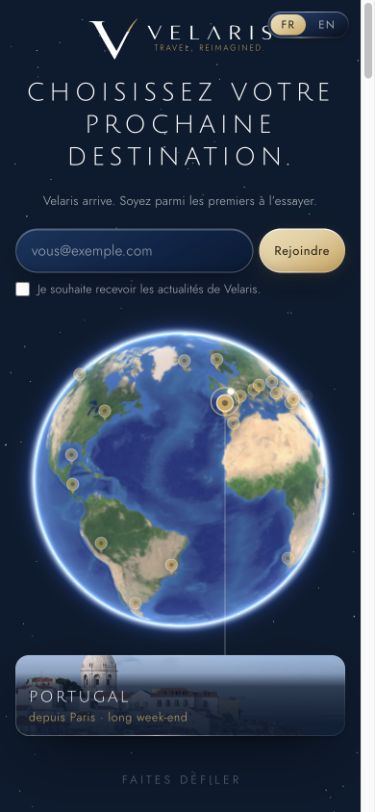 Page de lancement Velaris sur téléphone, avec le globe et la liste d’attente