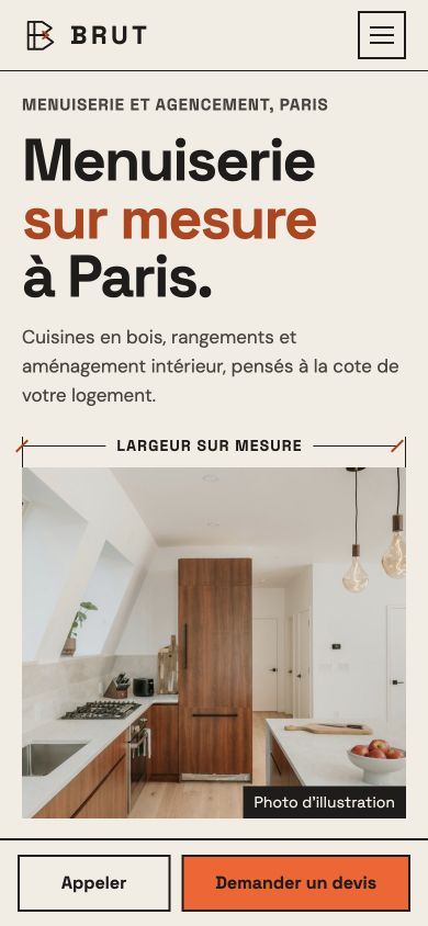 Maquette fictive BRUT : identité, photographie et parcours pour artisan du bâtiment sur téléphone