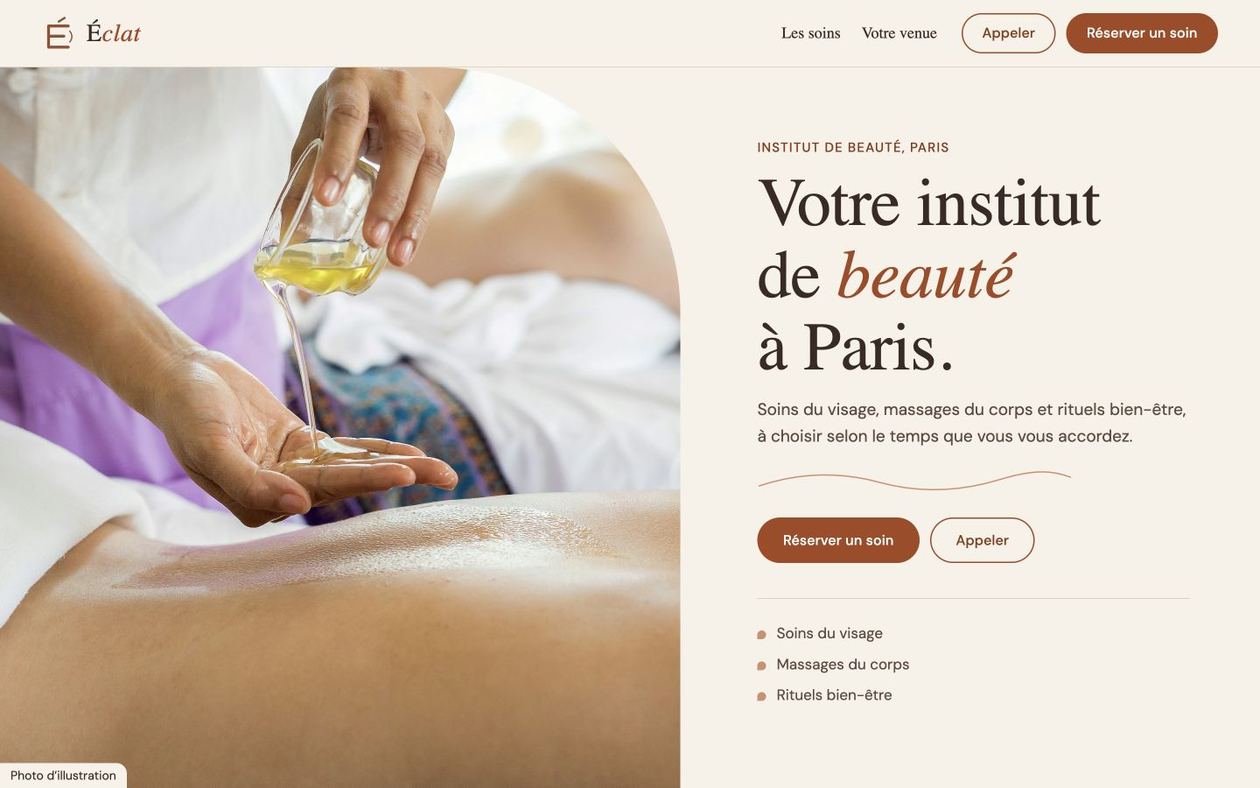 Maquette fictive ÉCLAT : identité et contenus pour institut de beauté