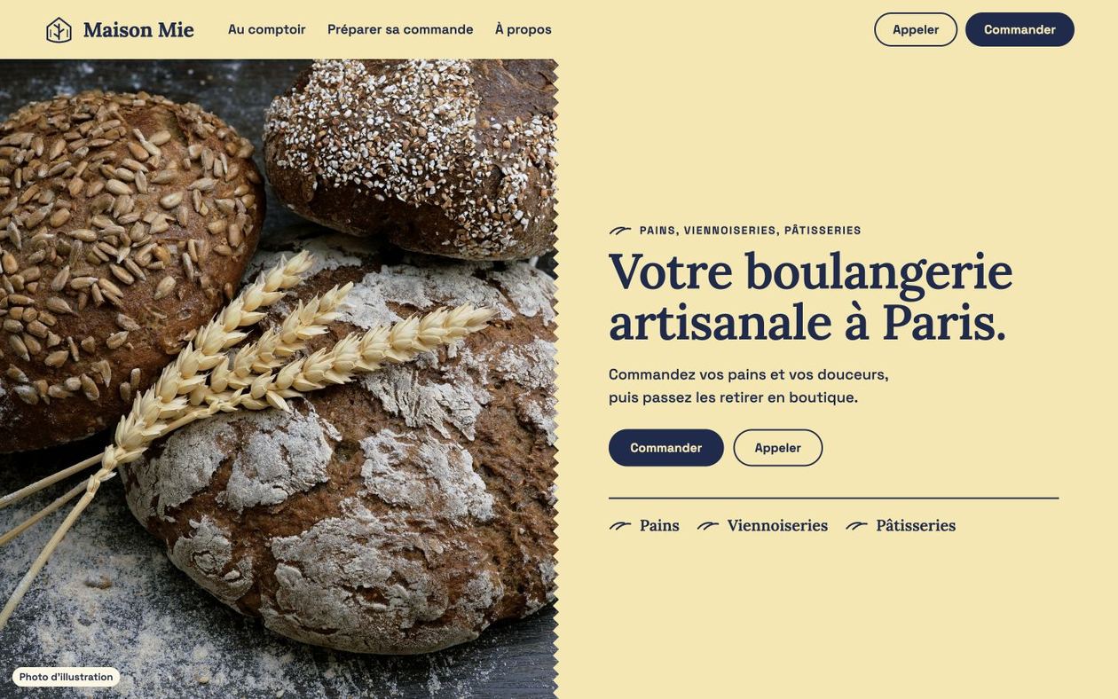 Maquette fictive MAISON MIE : identité et contenus pour boulangerie & pâtisserie