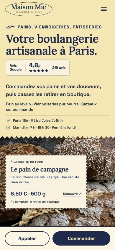 Démonstration fictive MAISON MIE sur téléphone : produits, horaires et accès