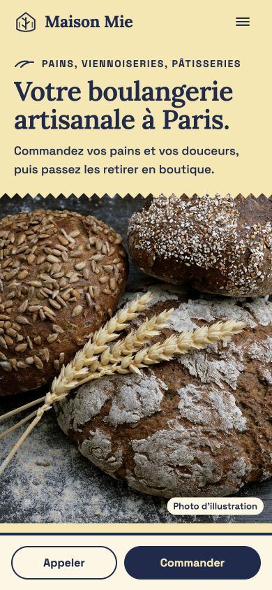 Maquette fictive MAISON MIE : identité, photographie et parcours pour boulangerie & pâtisserie sur téléphone
