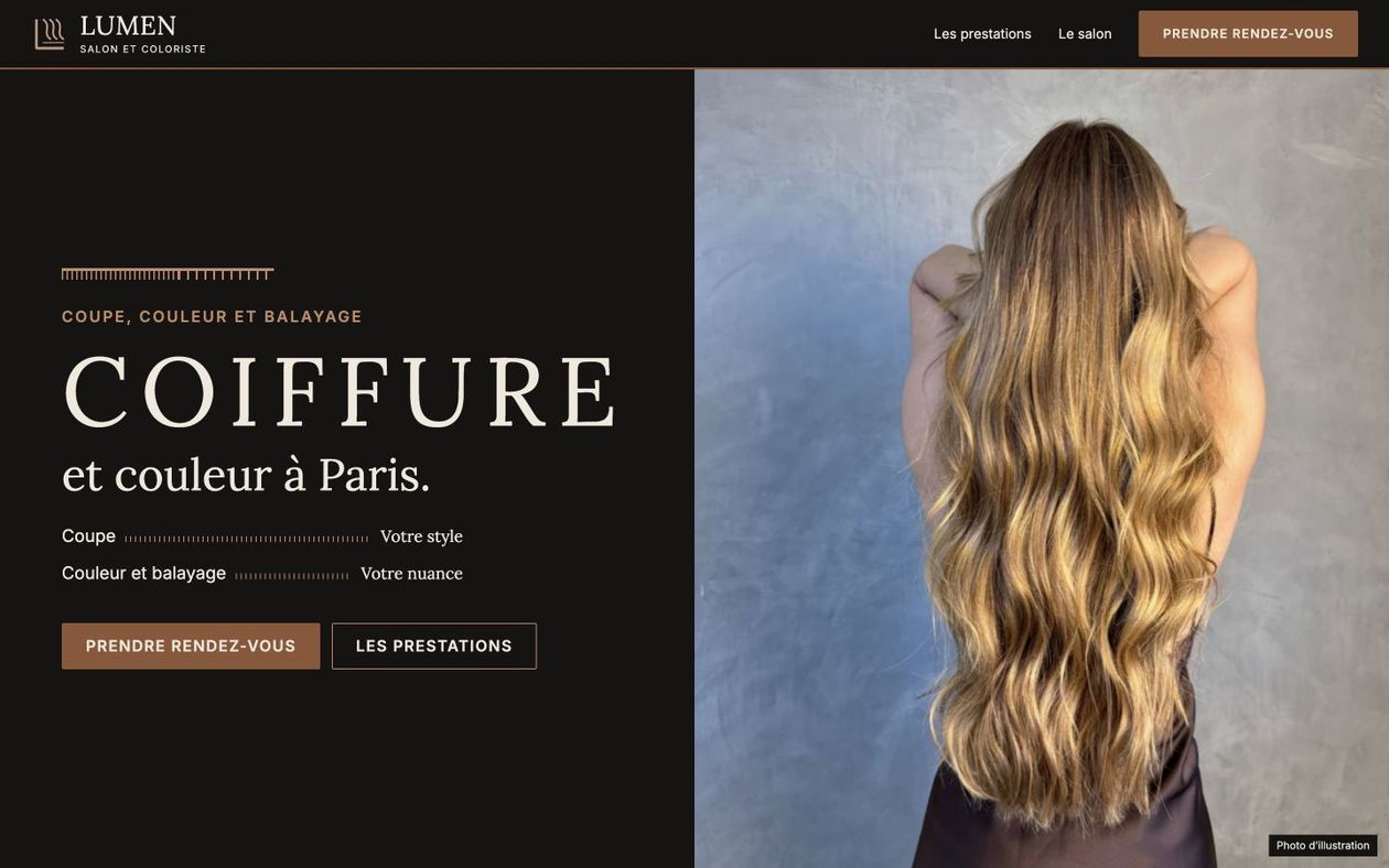 Maquette fictive LUMEN : identité et contenus pour coiffeur & barbier