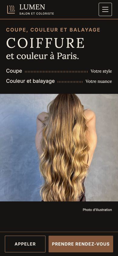 Maquette fictive LUMEN : identité, photographie et parcours pour coiffeur & barbier sur téléphone