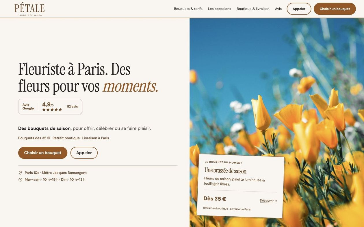 Démonstration fictive PÉTALE : site de fleuriste sur ordinateur