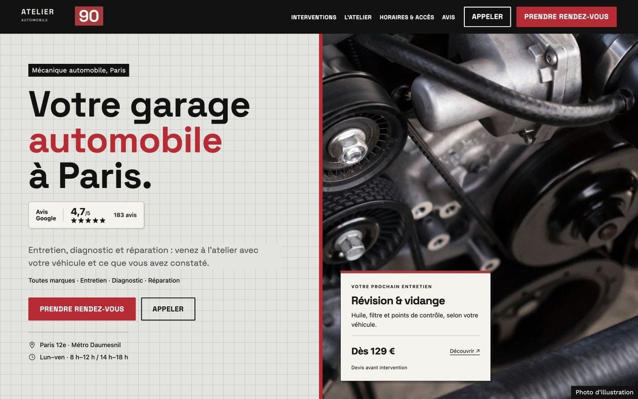 Démonstration fictive ATELIER 90 : site de garage automobile sur ordinateur