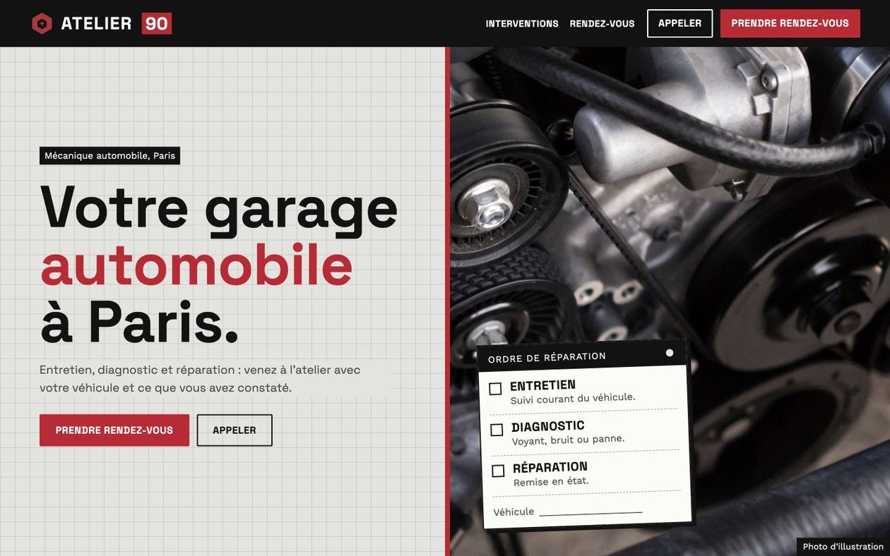 Maquette fictive ATELIER 90 : identité et contenus pour garage automobile