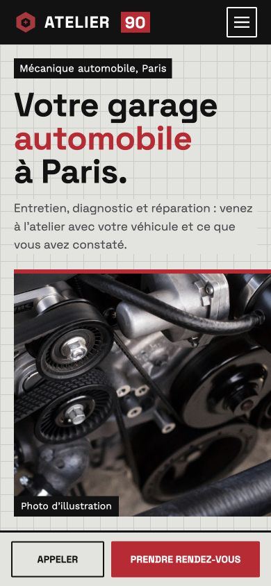 Maquette fictive ATELIER 90 : identité, photographie et parcours pour garage automobile sur téléphone