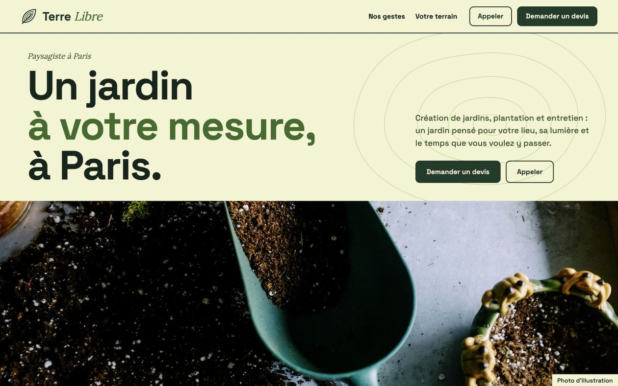 Maquette fictive TERRE LIBRE : identité et contenus pour paysagiste & jardinier