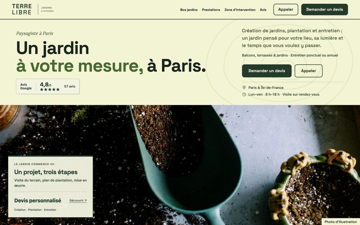 Démonstration fictive TERRE LIBRE : site de paysagiste sur ordinateur