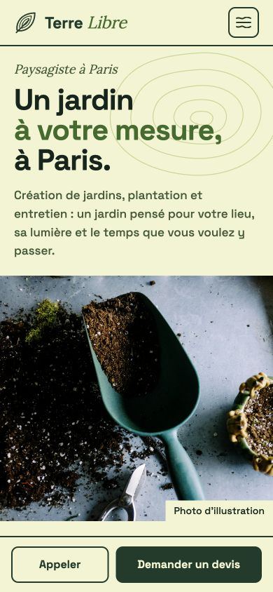 Maquette fictive TERRE LIBRE : identité, photographie et parcours pour paysagiste & jardinier sur téléphone