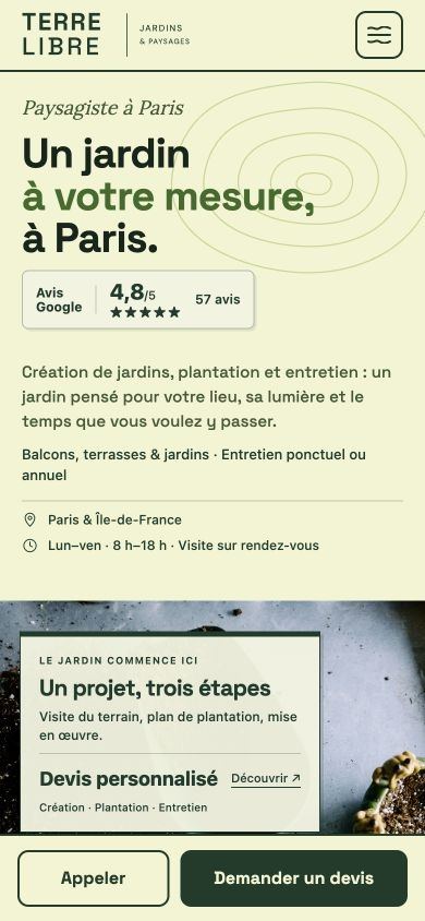 Démonstration fictive TERRE LIBRE sur téléphone : prestations, réalisations et demande de devis