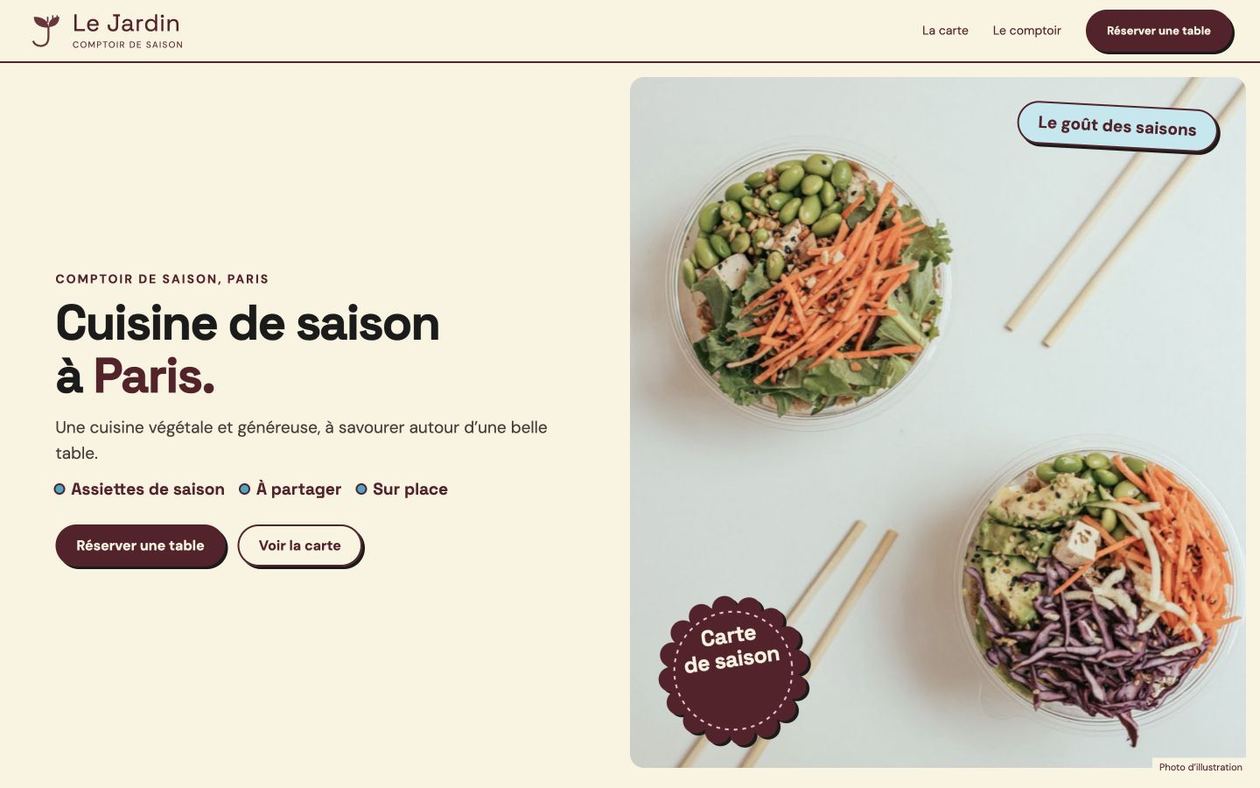 Maquette fictive Le Jardin : identité et contenus pour restaurant