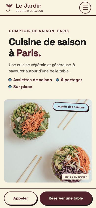 Maquette fictive Le Jardin : identité, photographie et parcours pour restaurant sur téléphone