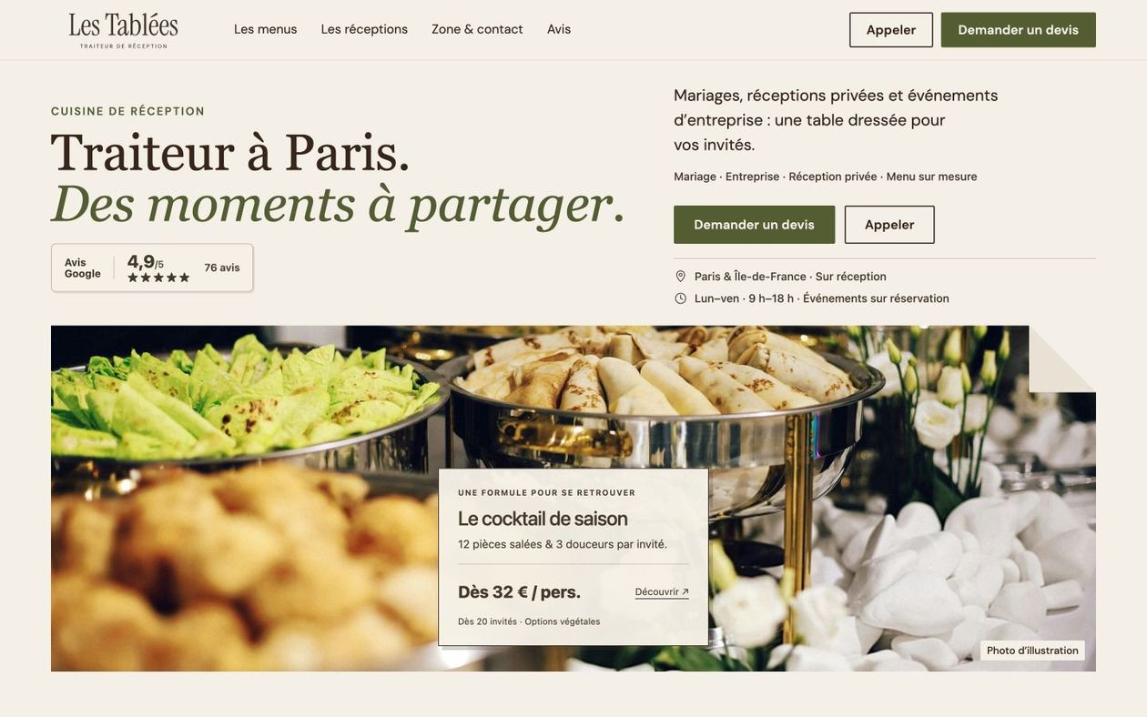 Démonstration fictive LES TABLÉES : site de traiteur sur ordinateur