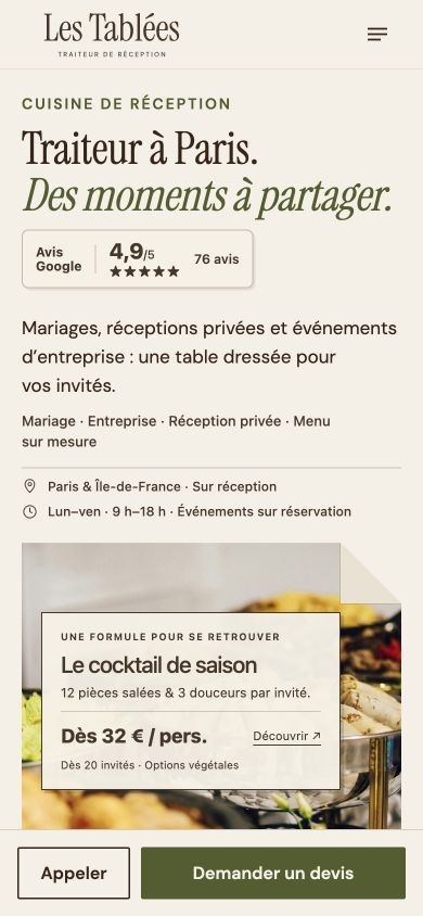 Démonstration fictive LES TABLÉES sur téléphone : prestations, menus et demande de contact