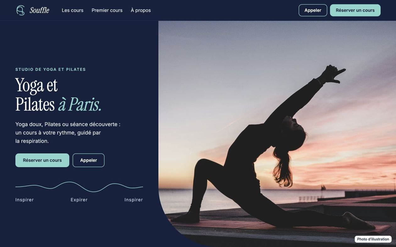 Maquette fictive SOUFFLE : identité et contenus pour yoga, pilates & coaching