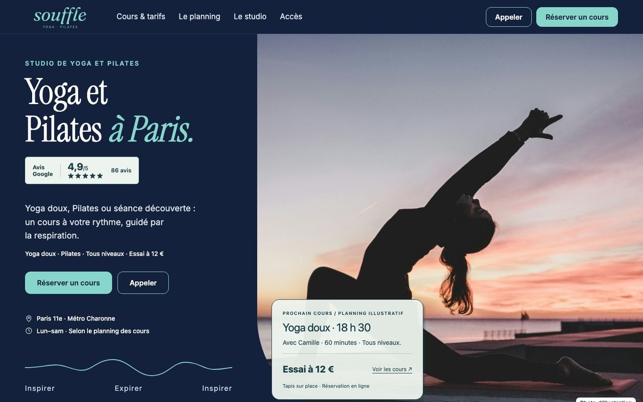 Démonstration fictive SOUFFLE : site de yoga ou de Pilates sur ordinateur