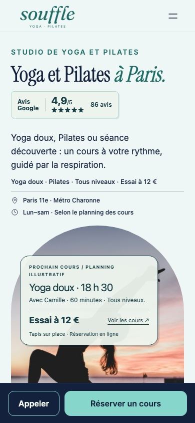Démonstration fictive SOUFFLE sur téléphone : cours, planning et réservation